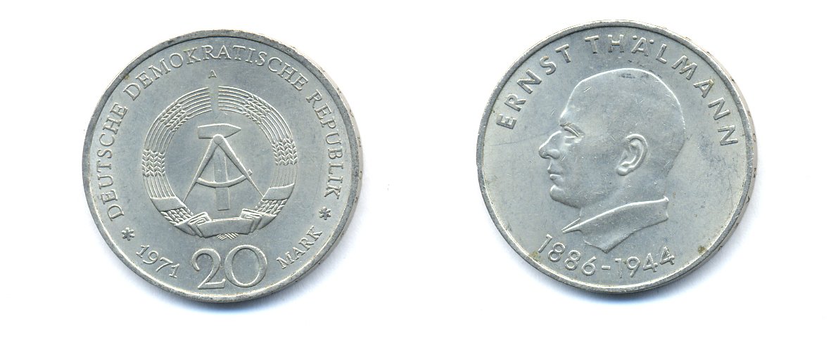 ГДР 20 марок 1971 A, 85 лет со дня рождения Эрнста Тельмана KM 34, J. 1535 медно-никель 3333-615