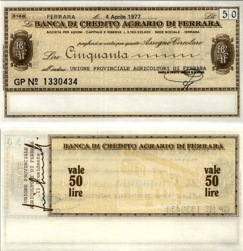 Италия 50 лир 1977 4 апреля 1977 Banca Di credito agrario Di ferrara бумага UNC (пресс) 7222-72-2-2