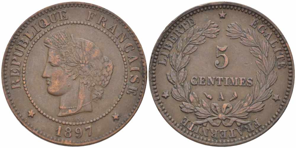 ФРАНЦИЯ 5 САНТИМОВ 1897 A, ТРЕТЬЯ РЕСПУБЛИКА (1871-1940) KM 821.1, LE FRANC 118.41 бронза 108-747