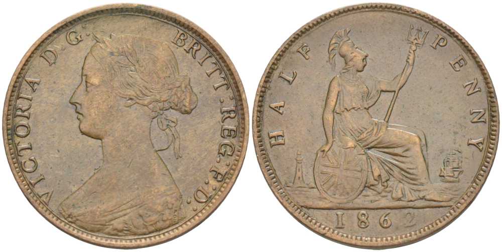 Великобритания 1/2 пенни 1862 Виктория (1837-1901) KM 748.2, Spink 3956 бронза 441-732