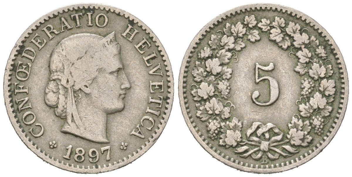 Швейцария 5 раппенов 1897 B, редкий год - тираж 500.000 экземпляров KM 26 медно-никель 4158-724