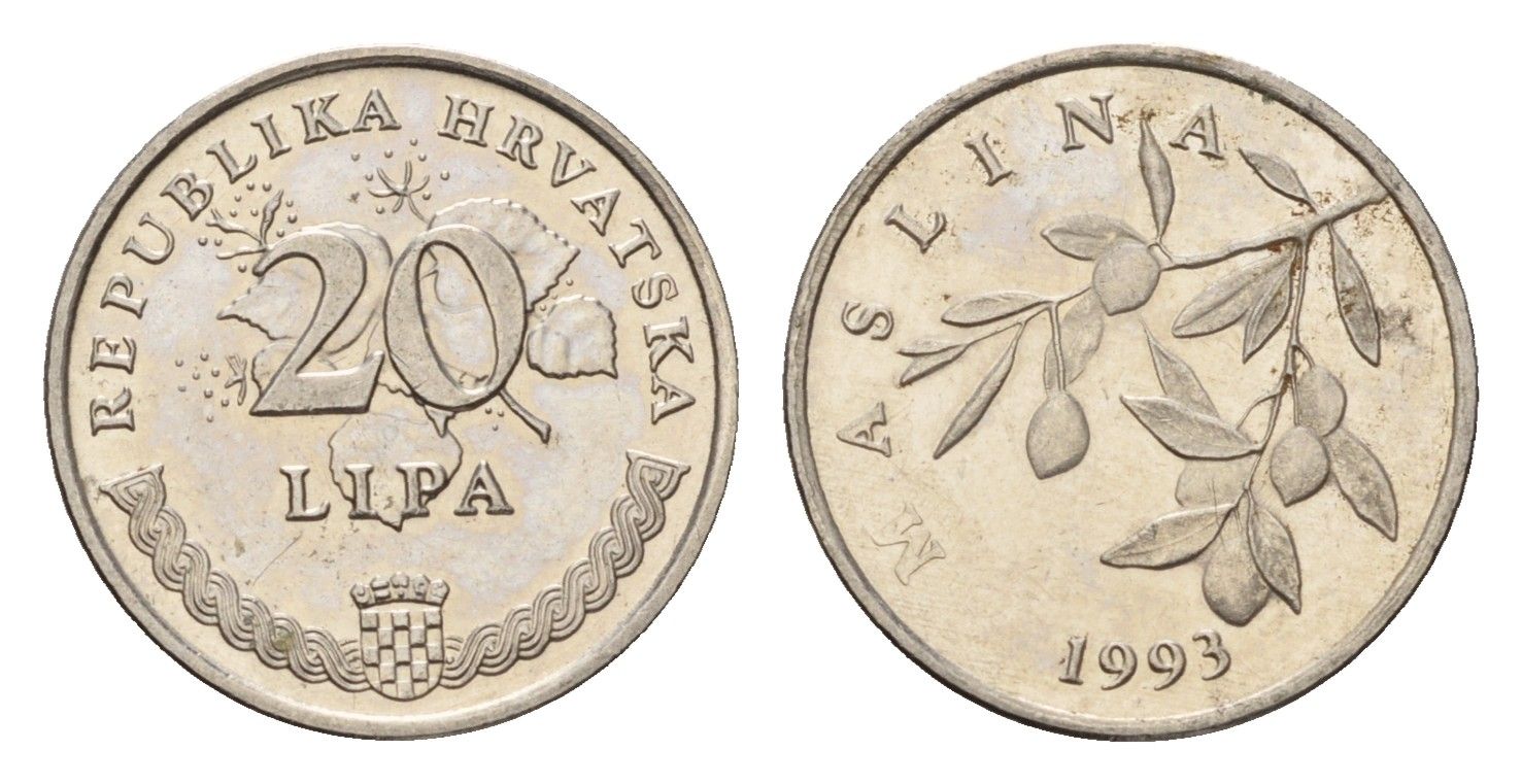 Хорватия 20 кун 1993 олива, легенда на хорватском KM 7 сталь плакированная никелем UNC 4618-336