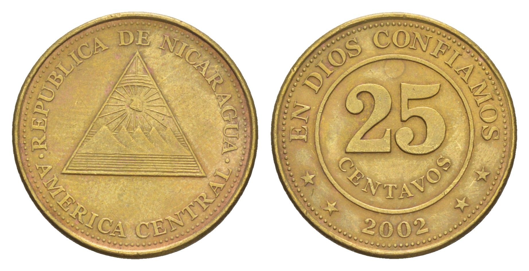Никарагуа 25 сентаво 2002 KM 99 сталь плакированная латунью 4641-313