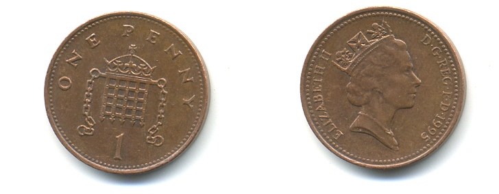 Великобритания 1 пенни 1995 Елизавета II (1952-2022) KM 935a, Spink 4391 (B4) сталь плакированная медью 177-1138