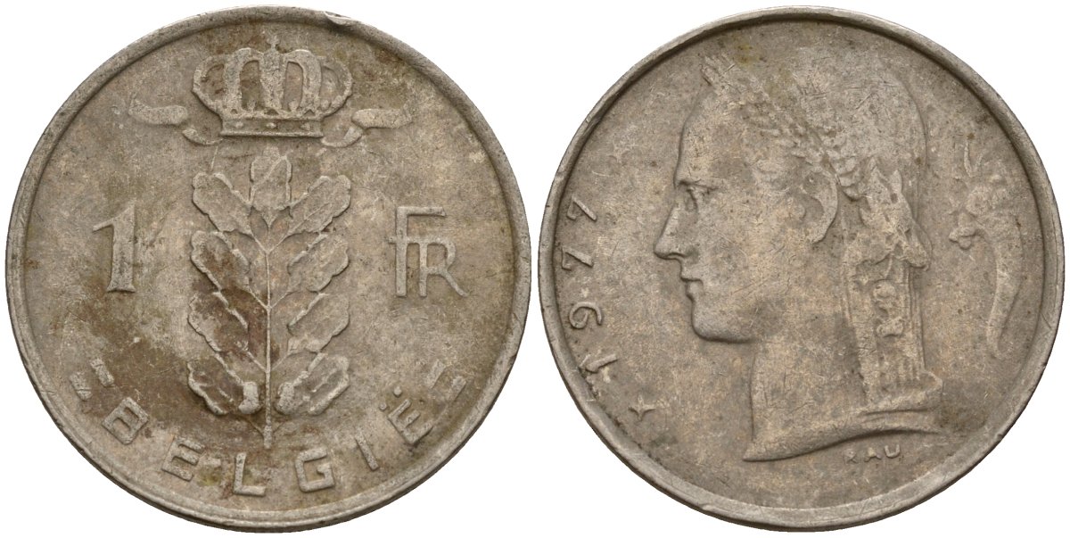 Бельгия 1 франк 1977 Belgie, Бодуэн I (1951-1993) KM 143 медно-никель 4156-633