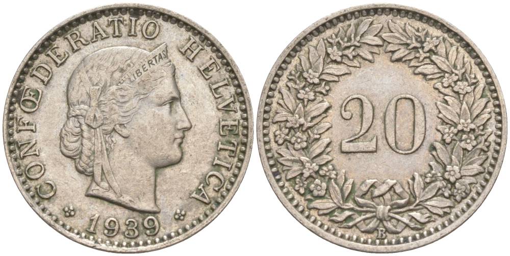 ШВЕЙЦАРИЯ 20 РАППЕНОВ 1939 В KM 29a медно-никель 55-646