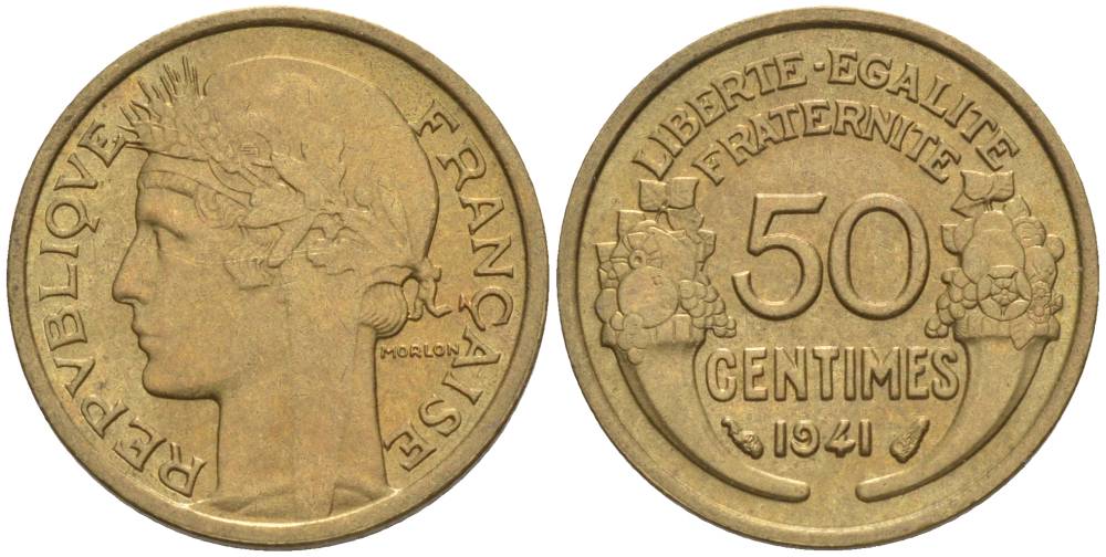 ФРАНЦИЯ 50 САНТИМОВ 1941 ТИП MORLON KM 894.1, LE FRANC 192.18 алюминиевая бронза 44-432