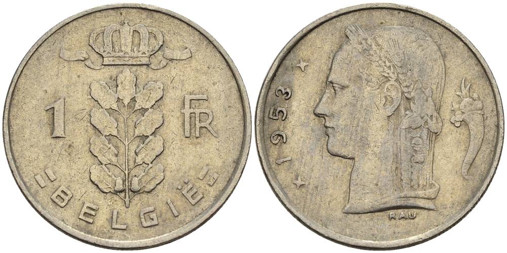 БЕЛЬГИЯ 1 ФРАНК 1953 BELGIE KM 143.1 медно-никель 4546-337