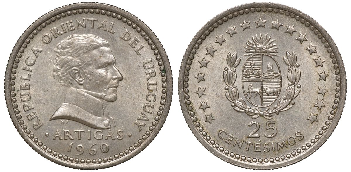 Уругвай 25 сентесимо 1960 KM 40 медно-никель 4169-969