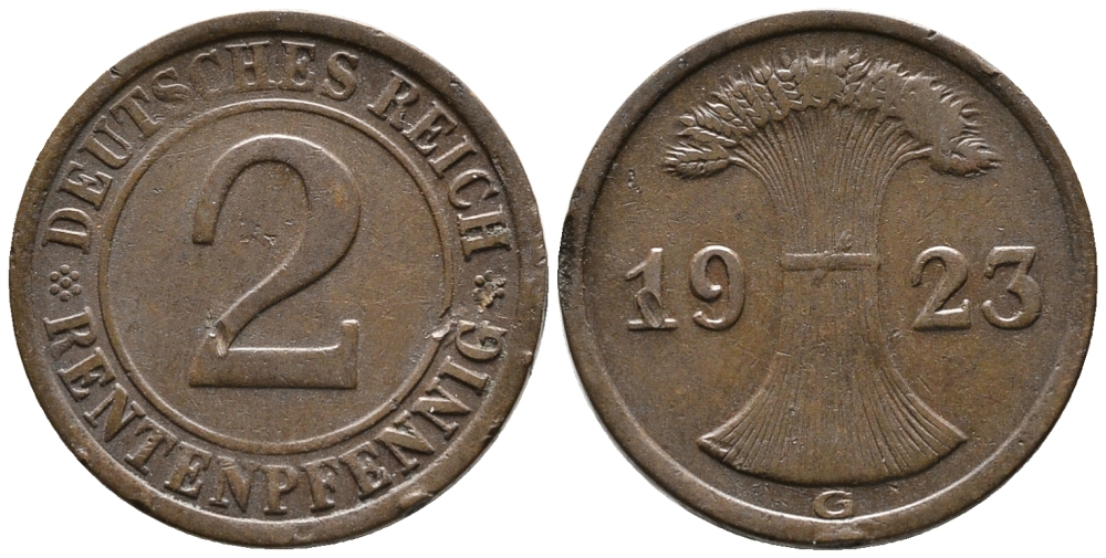 ГЕРМАНИЯ 2 РЕНТЕНПФЕННИГА 1923 G KM 31, J. 307 бронза 24-434