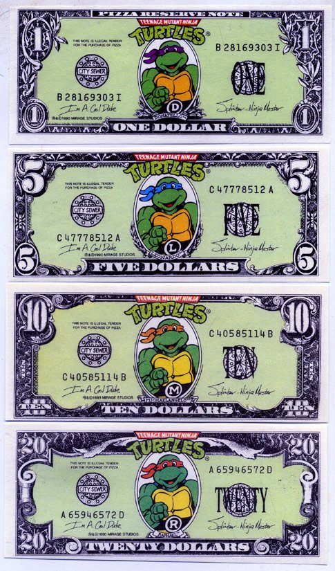 АМЕРИКА НАБОР ИЗ 4 БАНКНОТ ND (1, 5, 10, 20 ДОЛЛАРОВ) ЧЕРЕПАШКИ НИНЗЯ ОДНОСТОРОННИЙ ЦВЕТНОЙ ПРИНТ 113Х49 бумага UNC (ПРЕСС) 7146-60-2-1