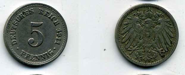 Германия 5 пфеннигов 1911 A KM 11, J. 12, Weege 6 медно-никель 25-837