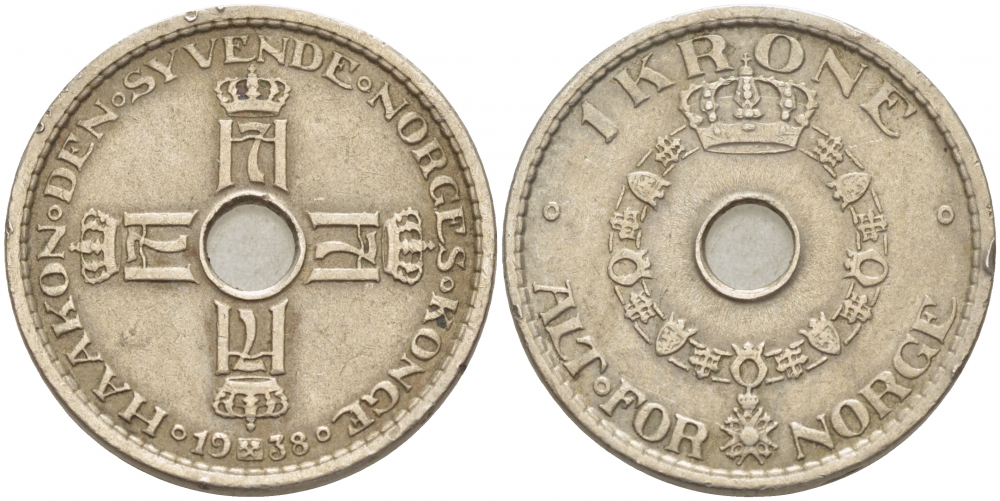 НОРВЕГИЯ 1 КРОНА 1938 KM 385 медно-никель 4402-313