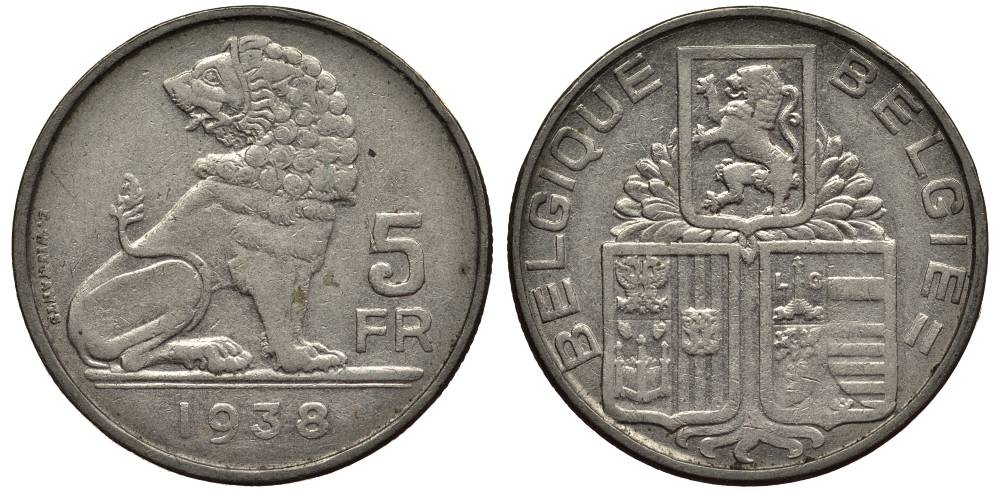 БЕЛЬГИЯ 5 ФРАНКОВ 1938 BELGIQUE-BELGIE KM 116.1 никель 27-552