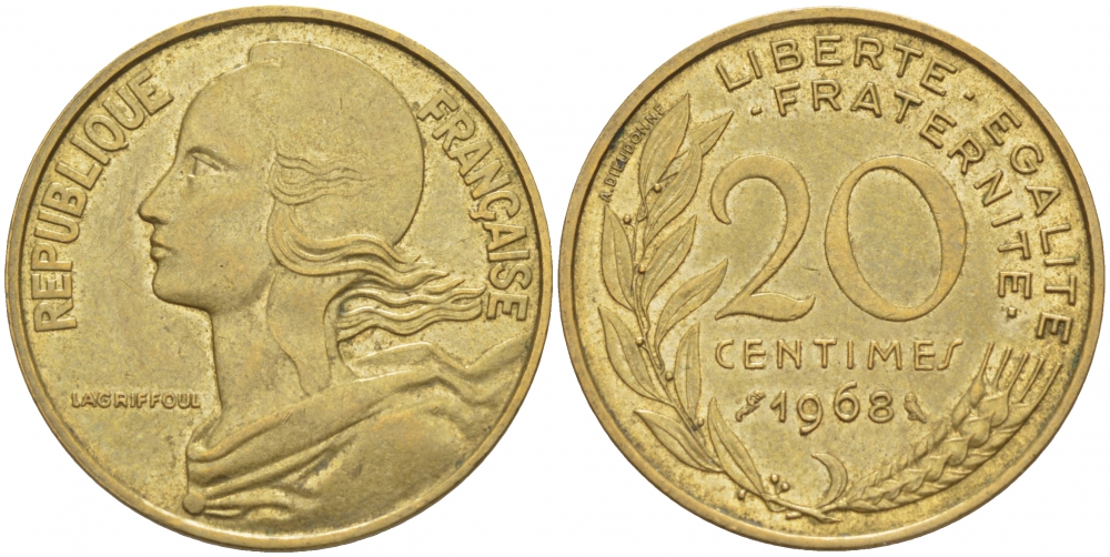 ФРАНЦИЯ 20 САНТИМОВ 1968 ТИП MARIANNE KM 930, LE FRANC 156.8 алюминиевая бронза 3856-1116