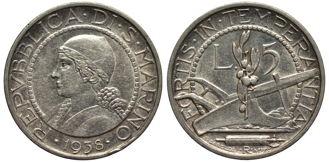 Сан-Марино 5 лир 1938 KM 9 серебро 27-535