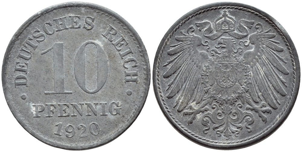 ГЕРМАНИЯ 10 ПФЕННИГОВ 1920 KM 26, J 299 цинк 4395-1243