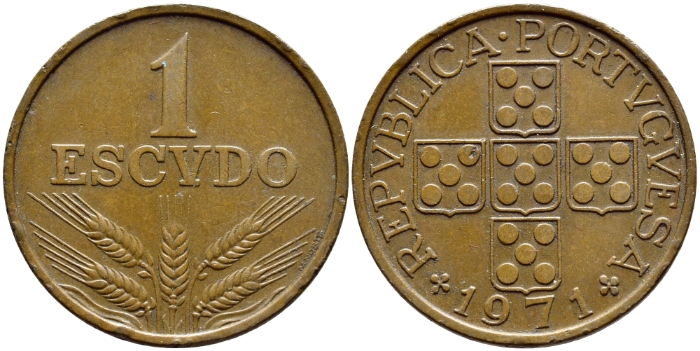 Португалия 1 эскудо 1971 KM 597 бронза 4394-735