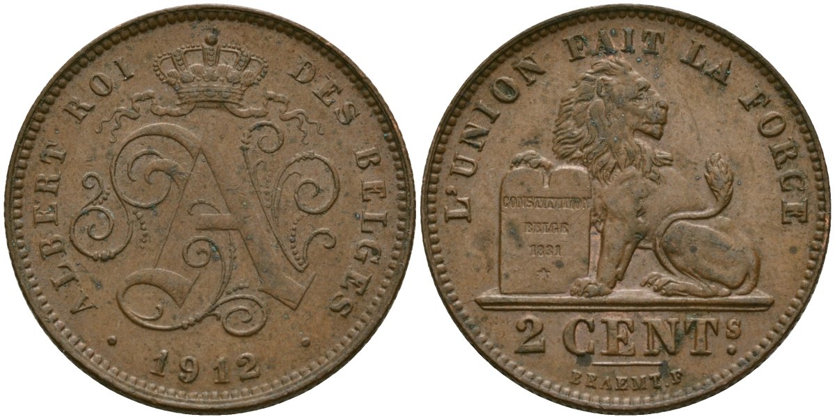 Бельгия 2 сантима 1912 Belges KM 64 медь 4135-955