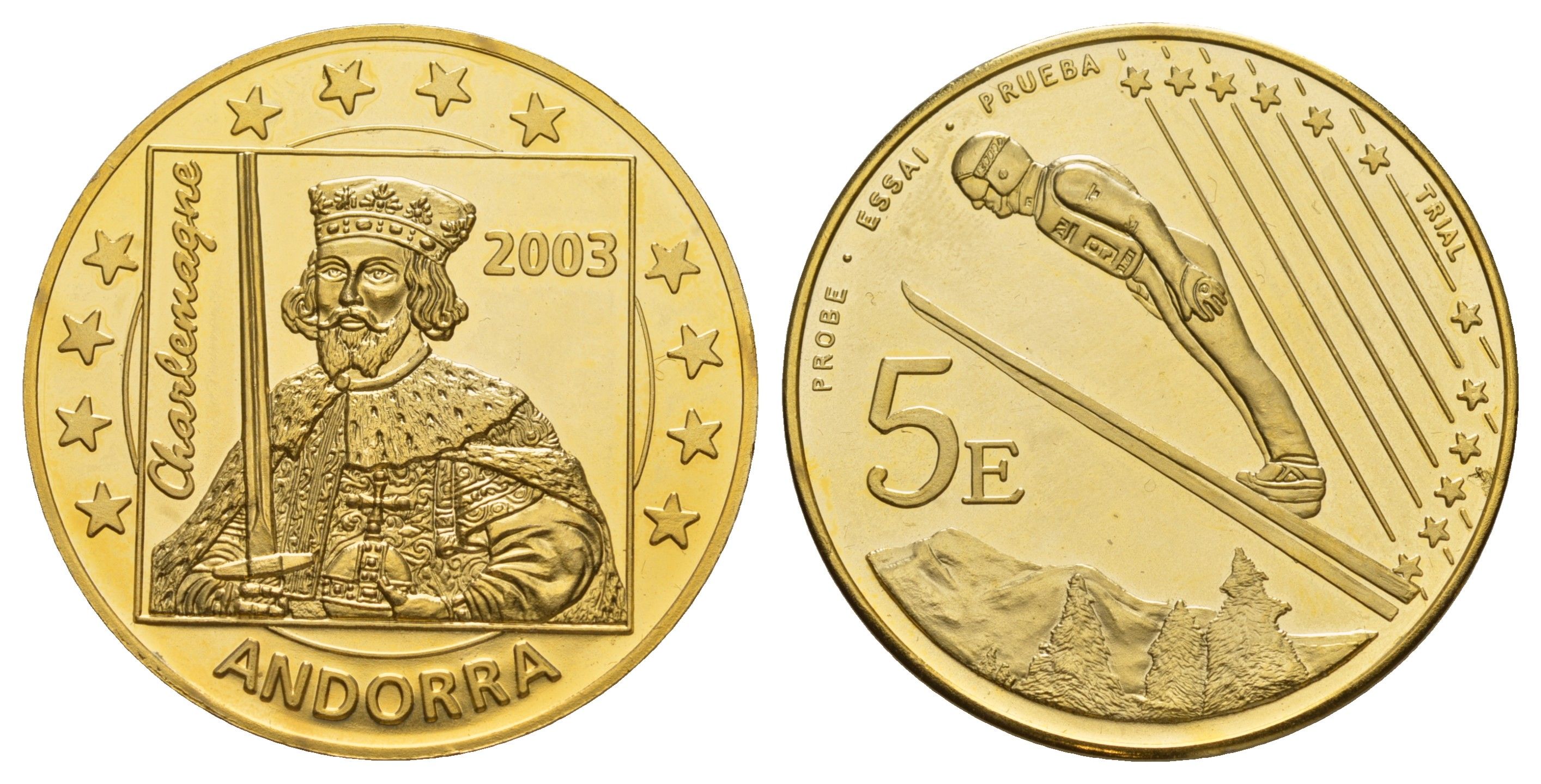 Андорра 5 евро 2003 ESSAI, Карл Великий, Лыжник спускается с горным хребтом Пиренеев X Pn9 латунь плакированная золотом PROOF 3896-643