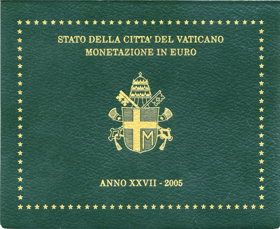 Ватикан евронабор из 8 монет 2005 Папа Иоанн Павел II, в оригинальном буклете KM MS 111 биметалл UNC 5-6-2-68