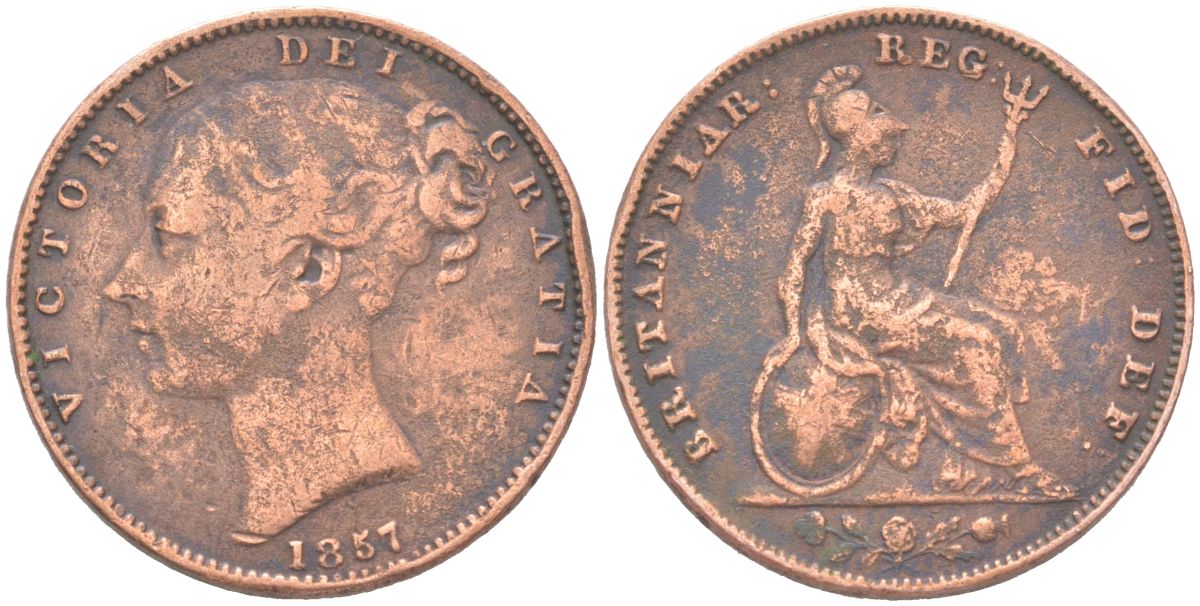 Великобритания 1 фартинг 1857 Виктория (1837-1901), редкий год KM 725, Spink 3950 медь 4613-416