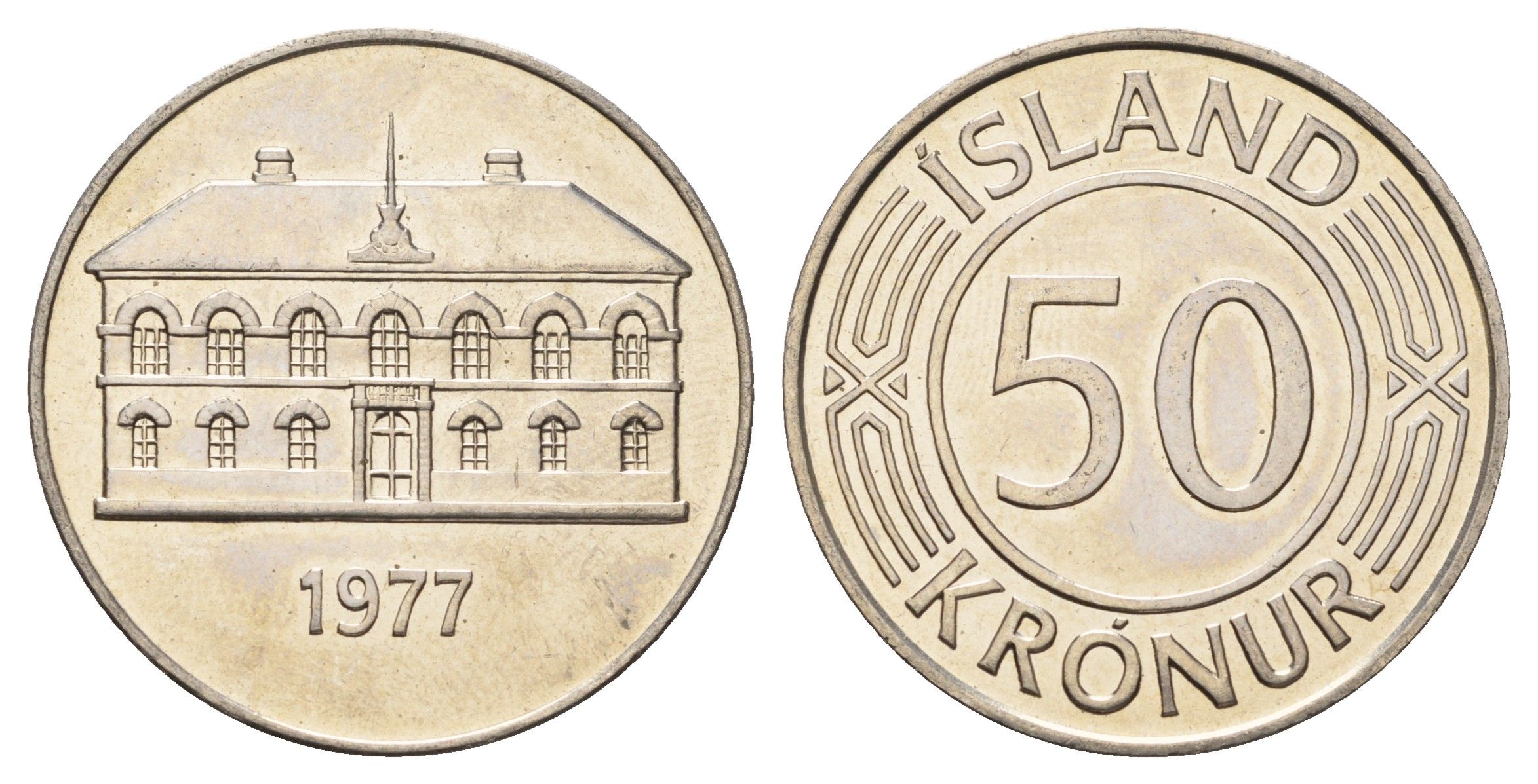 Исландия 50 крон 1977 здание парламента в Рейкьявике KM 19 медно-никель UNC 4517-231
