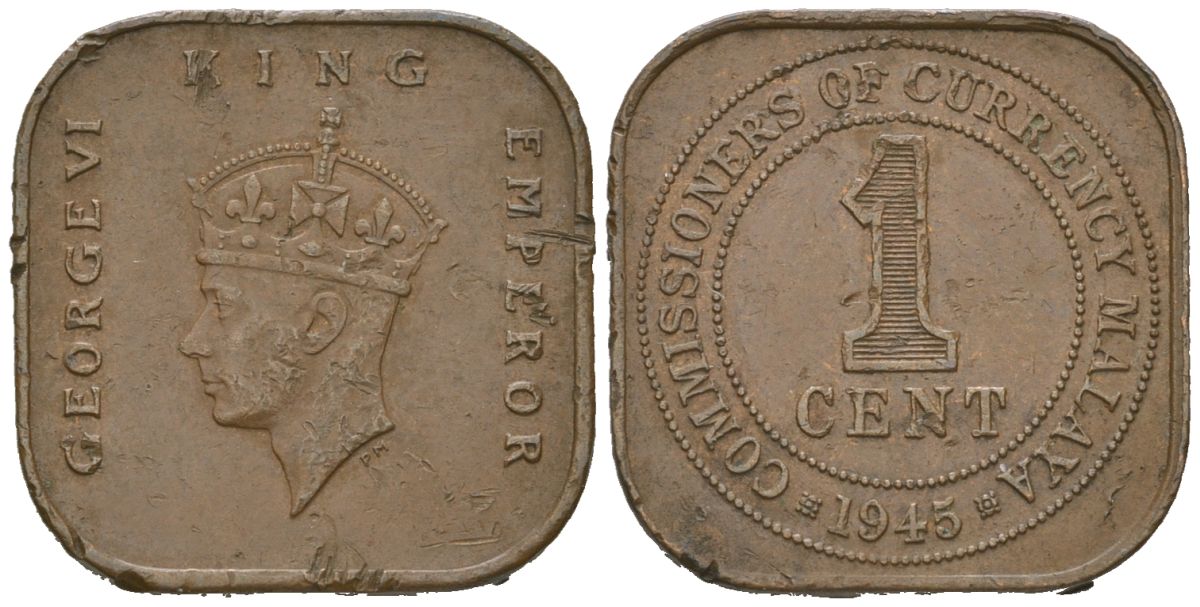 Британская Малайя 1 цент 1945 Георг VI (1936-1952) KM 6 бронза 100-757