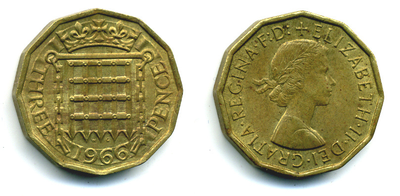 Великобритания 3 пенса 1966 Елизавета II (1952-2022) KM 900, Spink 4153 никель латунь 89-1446