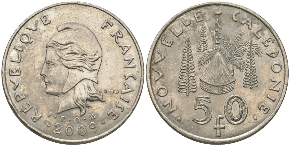 Французская Новая Каледония 50 франков 2009 хижина среди сосен и пальм, (IEOM) KM 13a, Schoen 15a, Lec 128i медно-никель 114-913