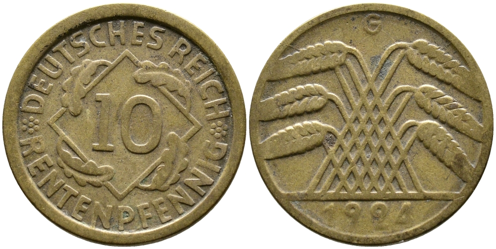 Германия 10 рентенпфеннигов 1924 G KM 33, J. 309, Weege 8 алюминиевая бронза 87-241