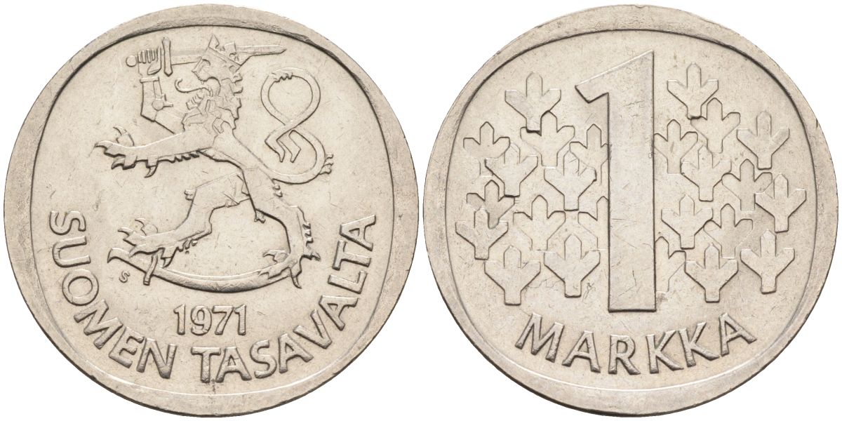 Финляндия 1 марка 1971 S KM 49а медно-никель 4595-121