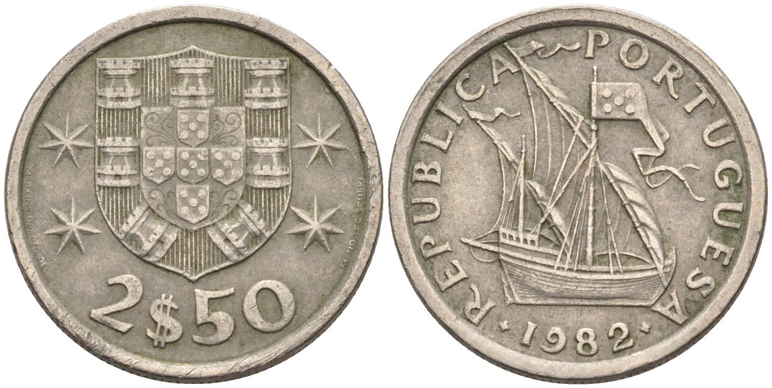 Португалия 2,5 эскудо 1982 парусник KM 590 медно-никель 4567-463