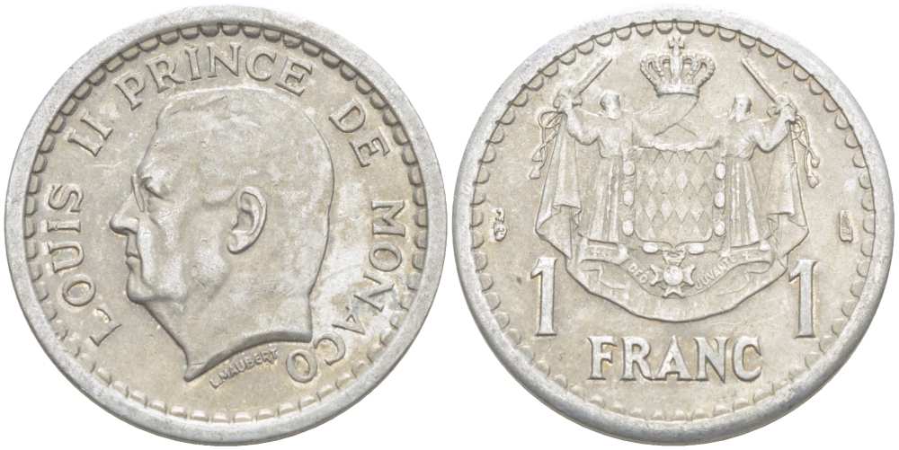 Монако 1 франк 1943 Луи II (1922-1949) KM 120 алюминий 4513-923