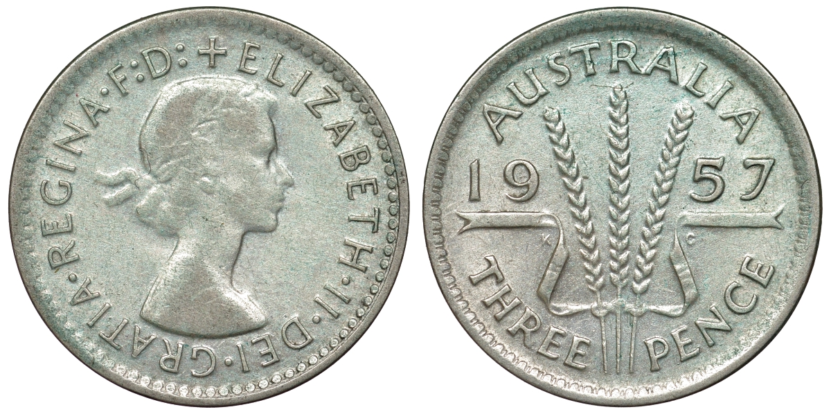 Австралия 3 пенса 1957 m, Елизавета II (1953-) KM 57 серебро 71-537