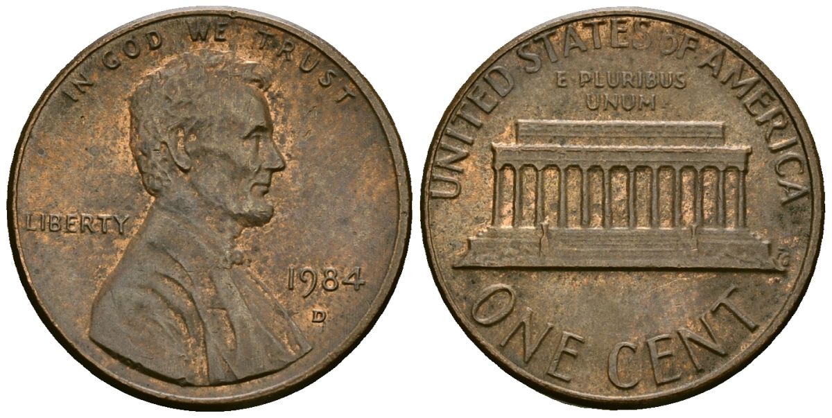 США 1 цент 1984 D, Линкольн KM 201b цинк плакированный медью 4136-236