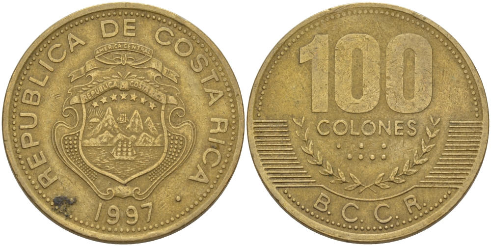 Коста-Рика 100 колон 1997 B.C.C.R. KM 230а латунь 82-234