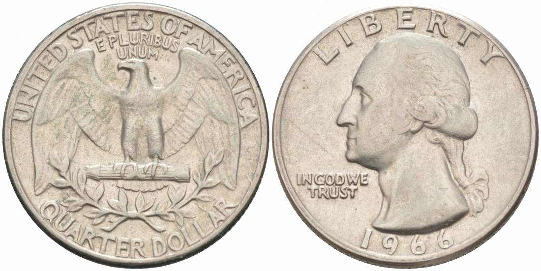 США 25 центов (квотер) 1966 Вашингтон KM 164a медь плакированная медно-никелем 73-316