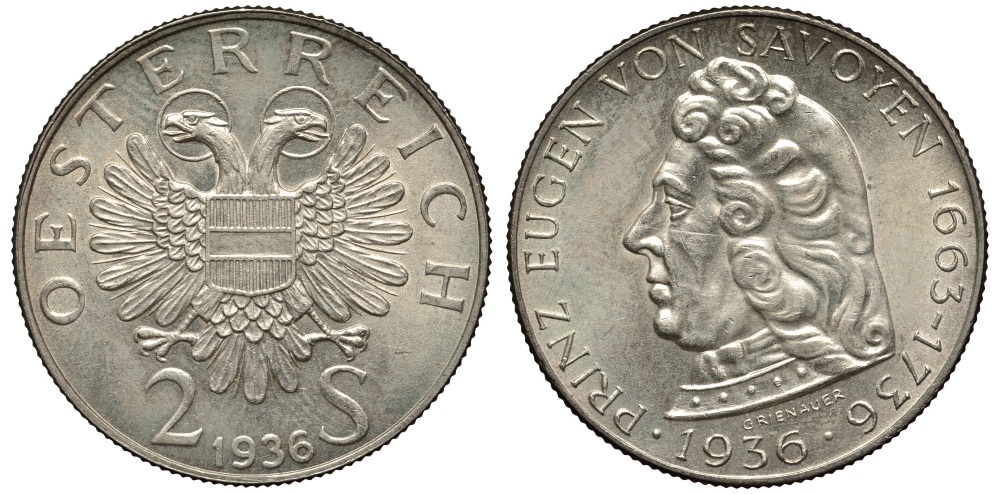 Австрия 2 шиллинга 1936 200 лет со дня смерти принца Евгения Савойского KM 2858 серебро 413-5913