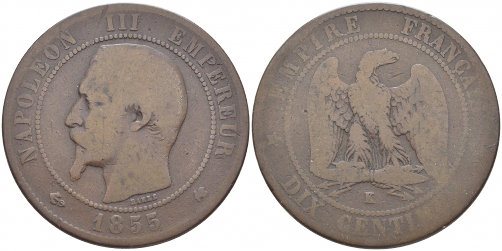 ФРАНЦИЯ 10 САНТИМОВ 1855 K, НАПОЛЕОН III (1852-1870) KM 771.5, LE FRANC 133.27 бронза 114-1244