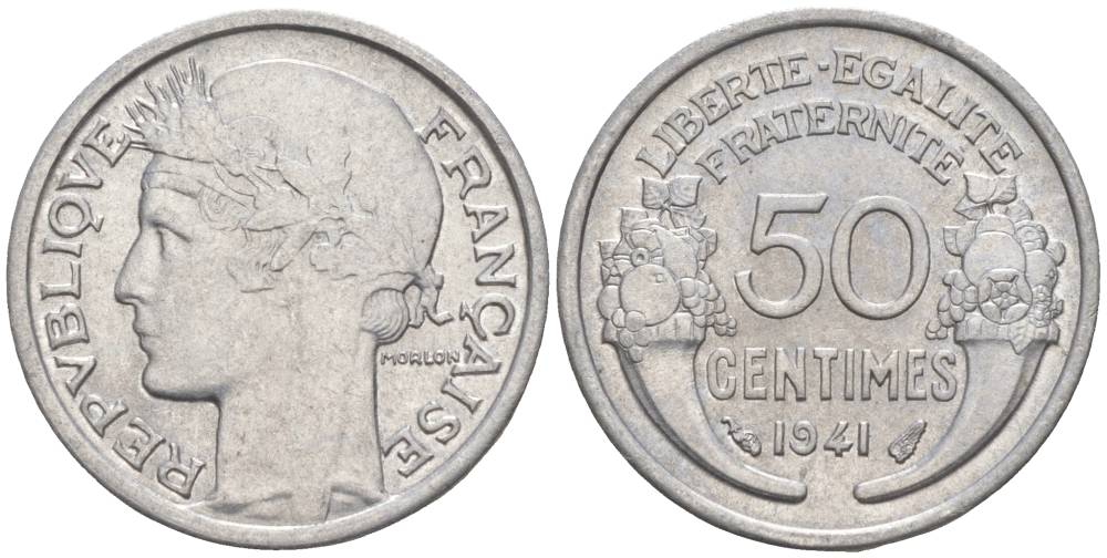 ФРАНЦИЯ 50 САНТИМОВ 1941 ТИП MORLON LOURDE KM 894.1a, LE FRANC 193.2 алюминий 44-242