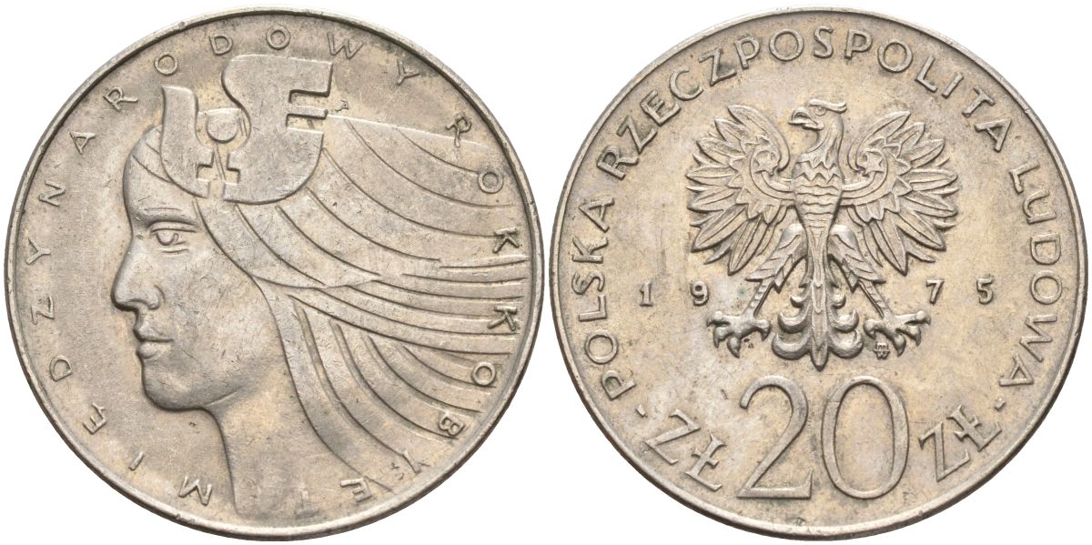 Польша 20 злотых 1975 MW, Международный год женщины KM 75, Parchimowicz 248 медно-никель AUNC 4531-1223