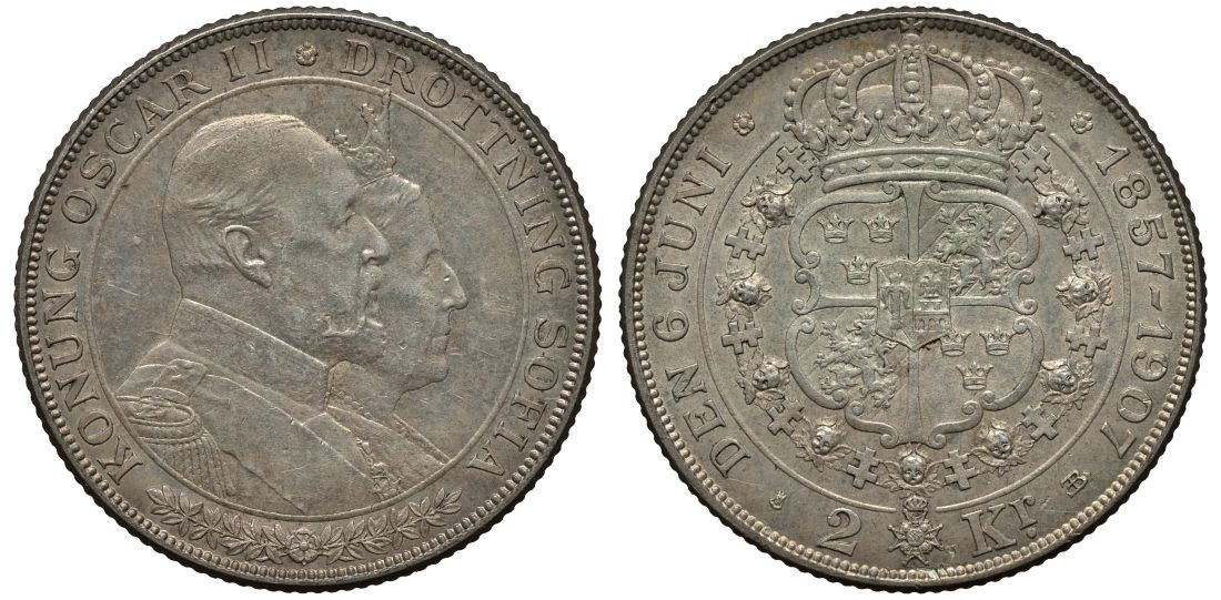 Швеция 2 кроны 1907 Оскар II (1872-1907) король Швеции золотая свадьба KM 776 серебро 413-6045