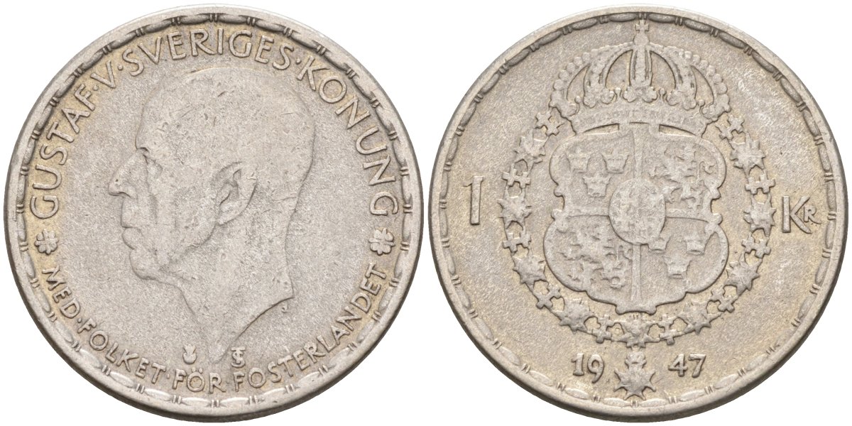 Швеция 1 крона 1947 TS, Густав V (1907-1950) KM 814 серебро 4591-337