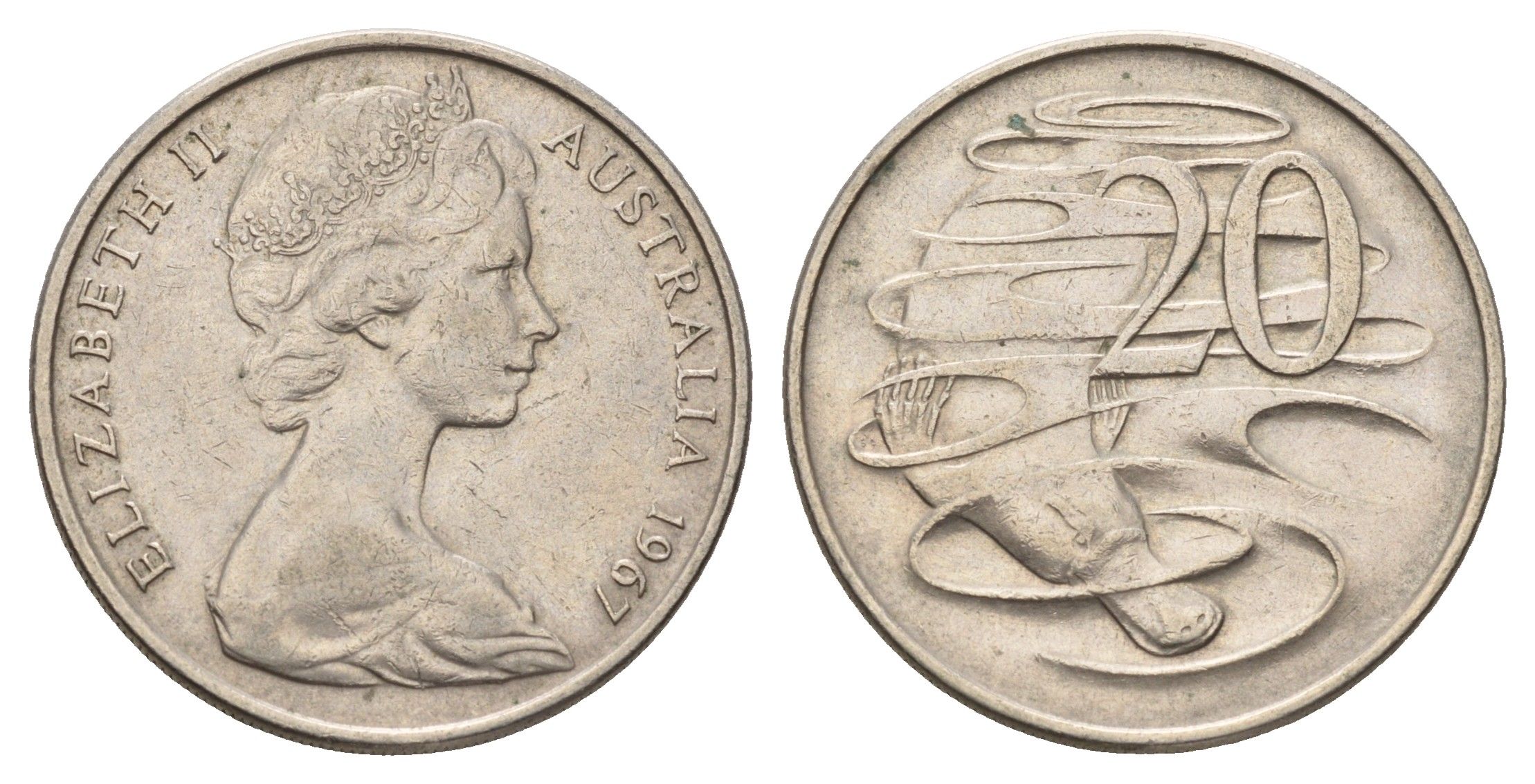 Австралия 20 центов 1967 Елизавета II (1952-2022), утконос KM 66 медно-никель 4671-453