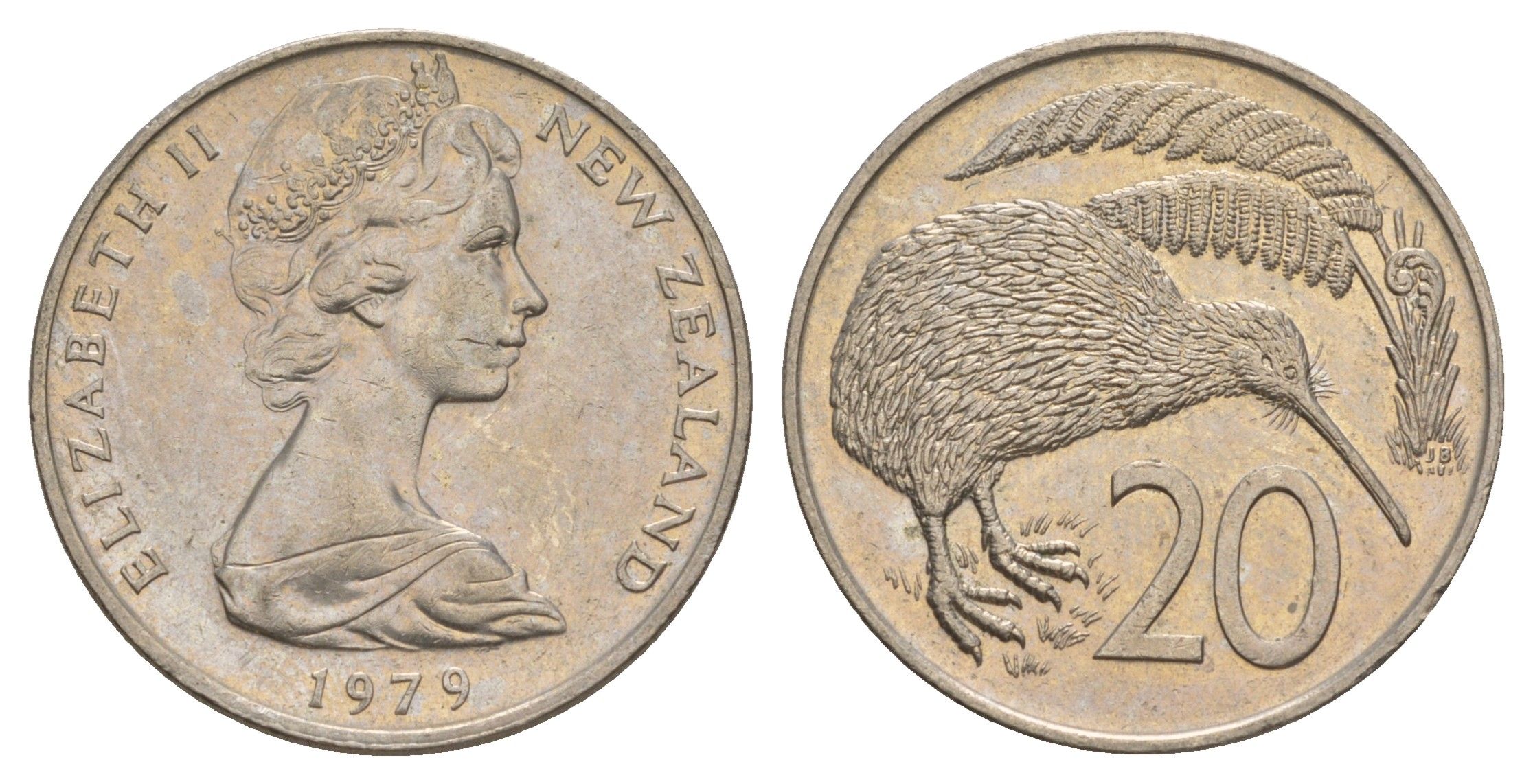 Новая Зеландия 20 центов 1979 Елизавета II (1952-2022), птичка киви KM 36.1 медно-никель 4182-1145