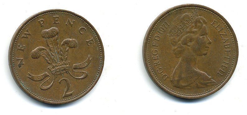 Великобритания 2 пенса 1971 Елизавета II (1952-2022) КМ 916, Spink 4235 (C1) бронза 4110-657