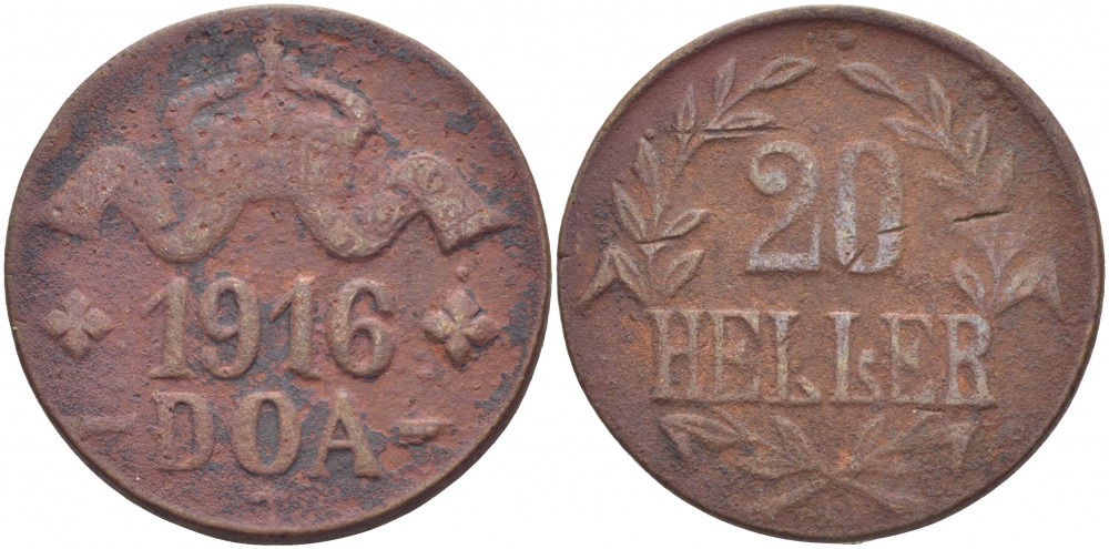 Немецкая Восточная Африка (Танзания) 20 геллеров 1916 T, Ost-Africa, большая корона, первая буква L не полная Jaeger 724 a, KM 15, WK 24 b медь 5010-612