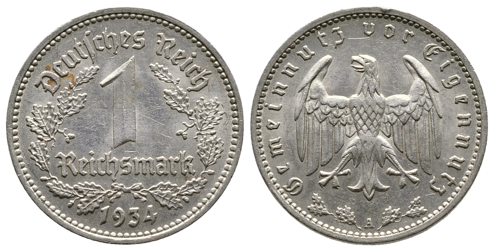 ГЕРМАНИЯ 1 РЕЙХСМАРКА 1934 А KM 78, J. 354 никель 4380-527