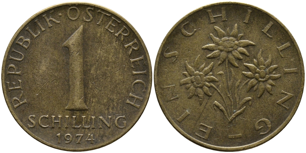 АВСТРИЯ 1 ШИЛЛИНГ 1974 KM 2886 алюминиевая бронза 33-441
